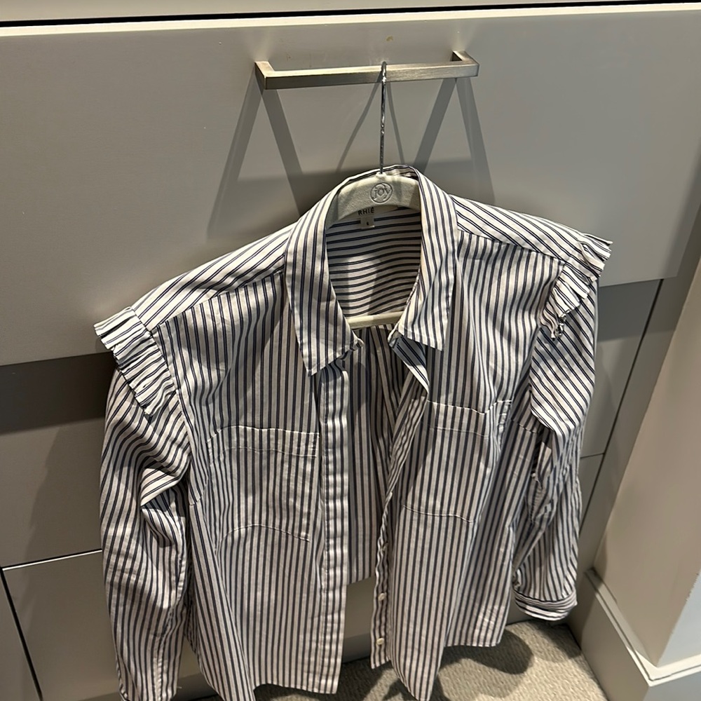 Cotton button down blue and white stripe with ruffle shoulder